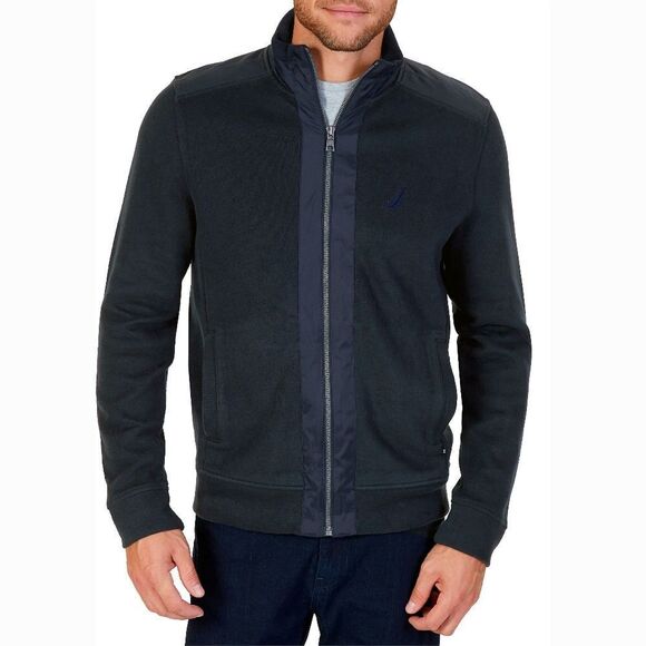 New! NAUTICA Mixed Media Men's Blue Sweater Jacket Full-Zip 100% Cotton - Picture 1 of 2